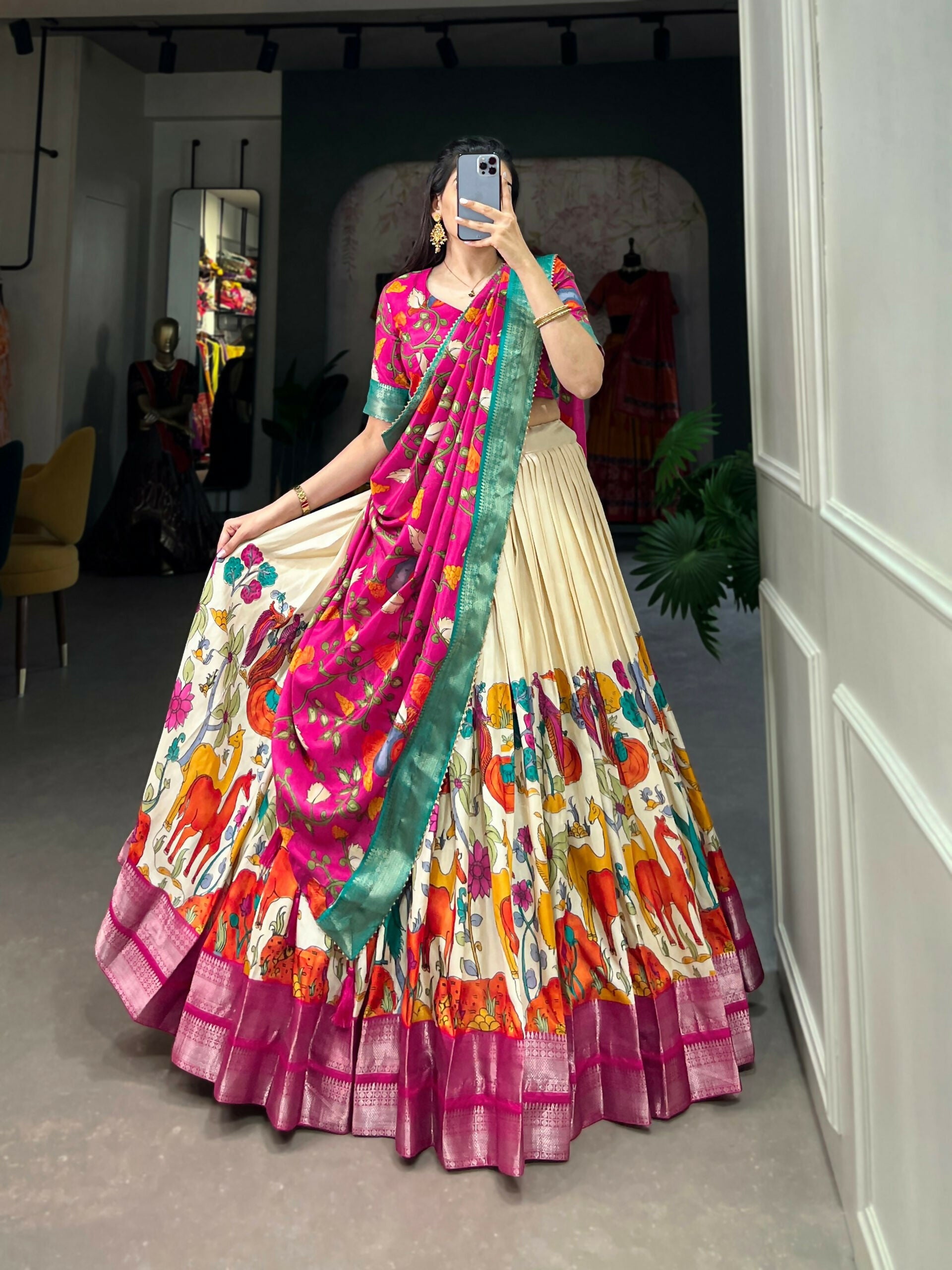 Vastranavya Kalamkari Printed Dola Silk Lehenga Choli - White