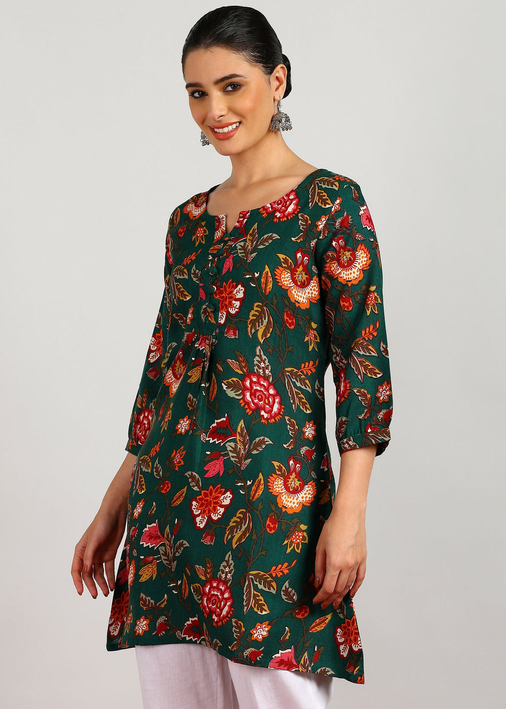 Aavyora Women's Green Floral Printed Flared Tunic - Distacart