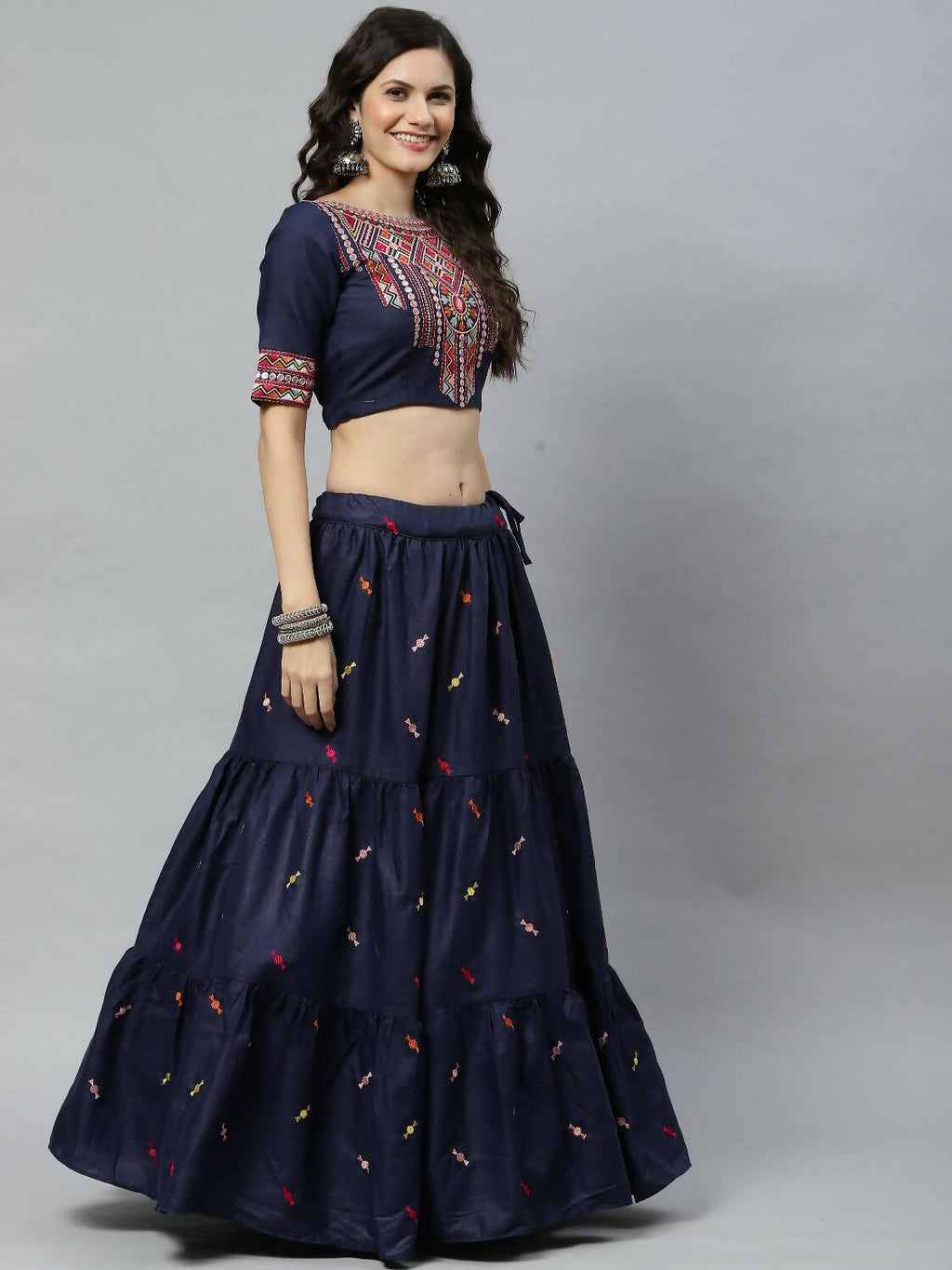 Navy Blue Cotton Embroidered Work Lehenga Choli with Dupatta - Jivika