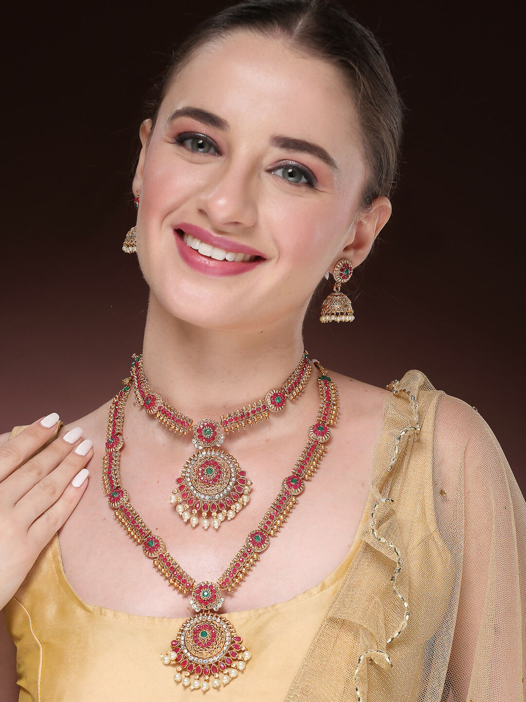 NVR Women's Set Of 2 Green & Red Stone Studded & Beaded Gold-Polished Temple Jewellery Set