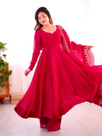 Joban Fashion Red Chinnon Silk Sequence Embroidery Work Readymade Kurta Set - Distacart