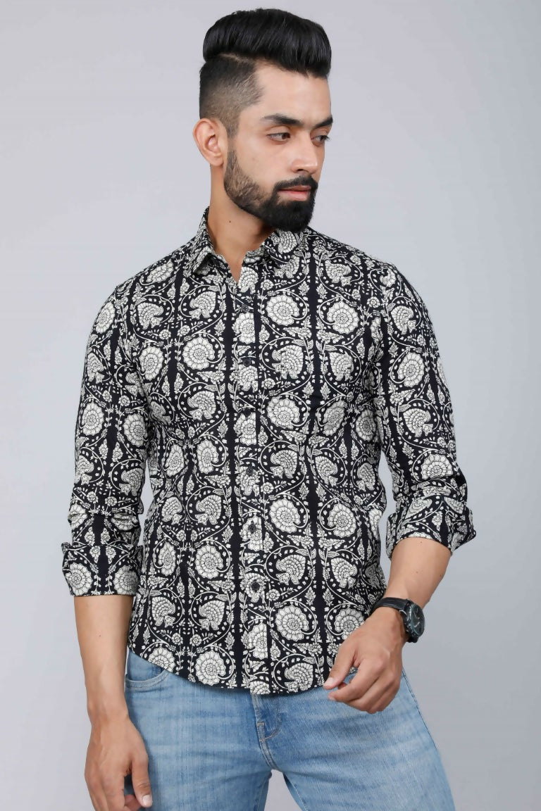 Miravan Men's Black Comfort Floral Printed Cotton Casual Shirt