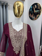 Teeya Creation Maroon Color Faux Georgette Embroidery Work Long Party Wear Gown