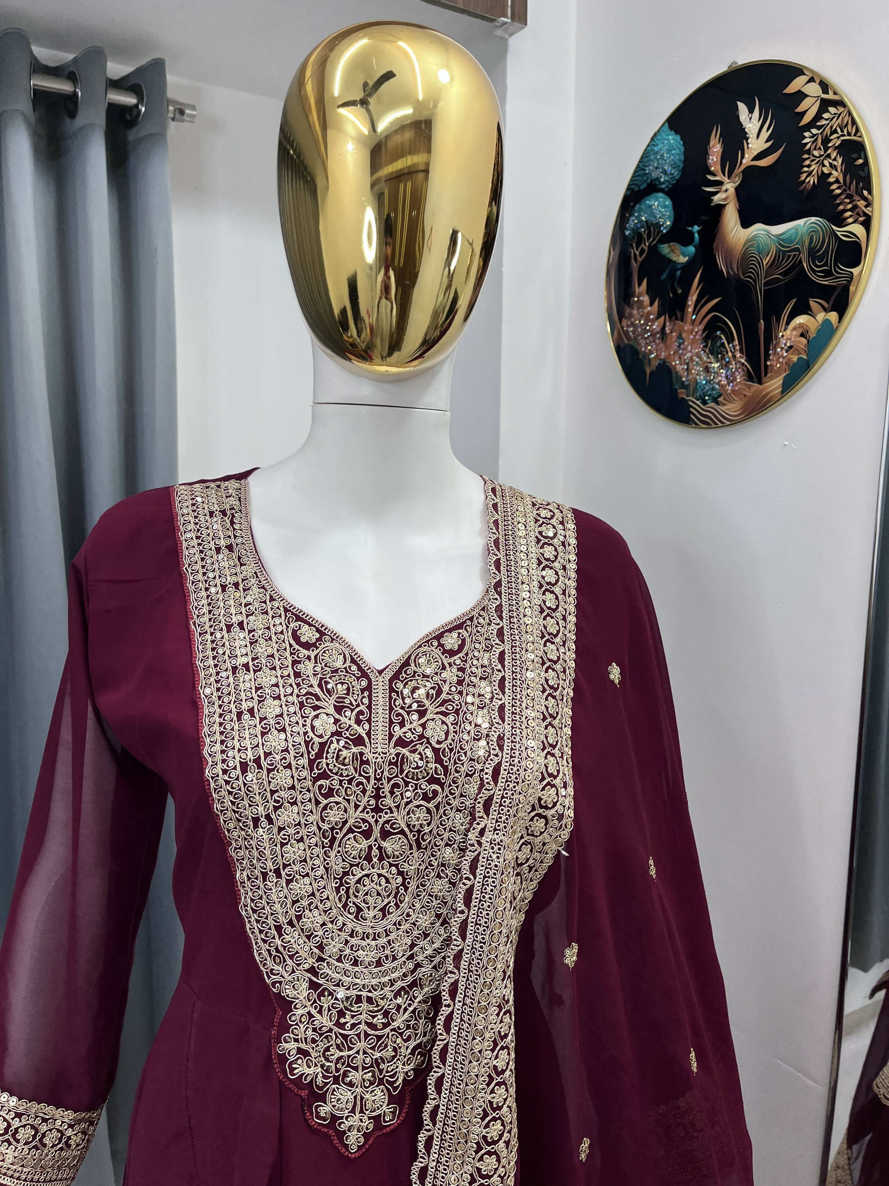 Teeya Creation Maroon Color Faux Georgette Embroidery Work Long Party Wear Gown