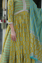 Vastranavya Lime Green Pure Cotton Printed Top with Pant & Dupatta Set