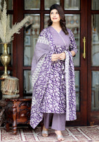 Miravan Women's Floral Block Printed Purple Angrakha Kurta And Palazzo With Dupatta Set