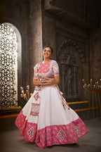 White Jacqard Cotton Thread Embroidered Navratri Lehenga Choli with Dupatta - Raas
