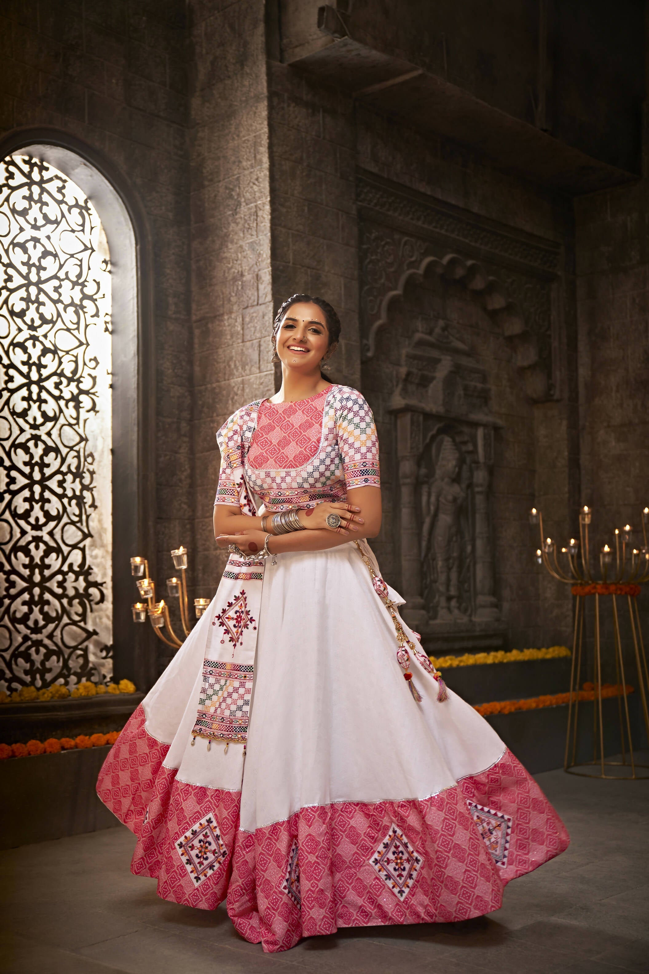 White Jacqard Cotton Thread Embroidered Navratri Lehenga Choli with Dupatta - Raas