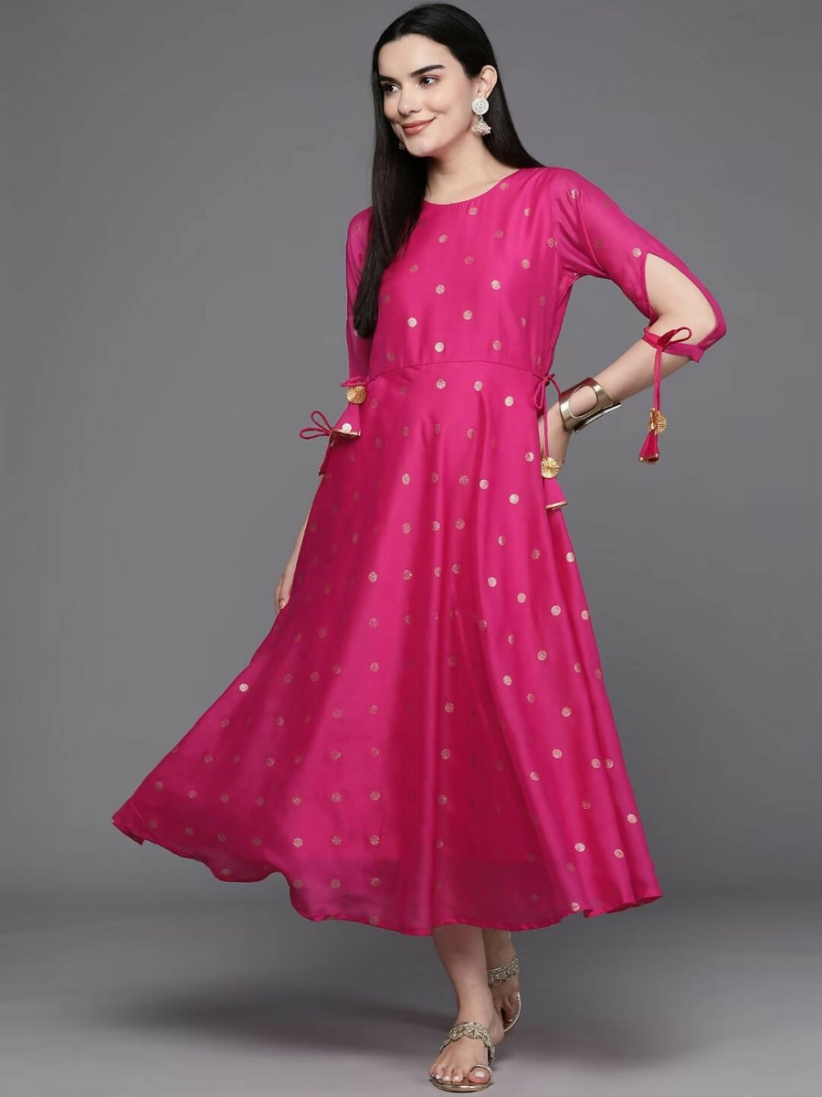 Ahalyaa Women Foil Printed A-Line Midi Ethnic Dress - Pink Color - Distacart