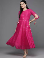 Ahalyaa Women Foil Printed A-Line Midi Ethnic Dress - Pink Color - Distacart