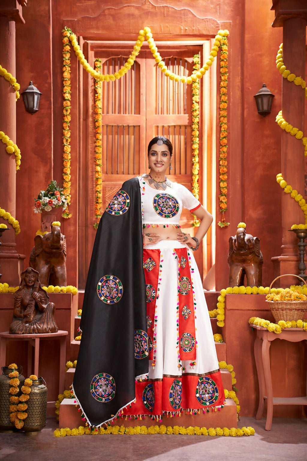 AI Fashion White Art Silk Designer Navratri Lehenga Choli Collection