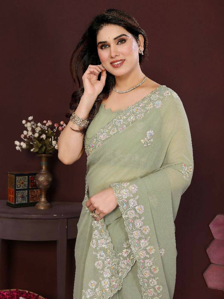 PR Fashion Pista Georgette Embroidery Work With Embroidery Work Blouse Saree