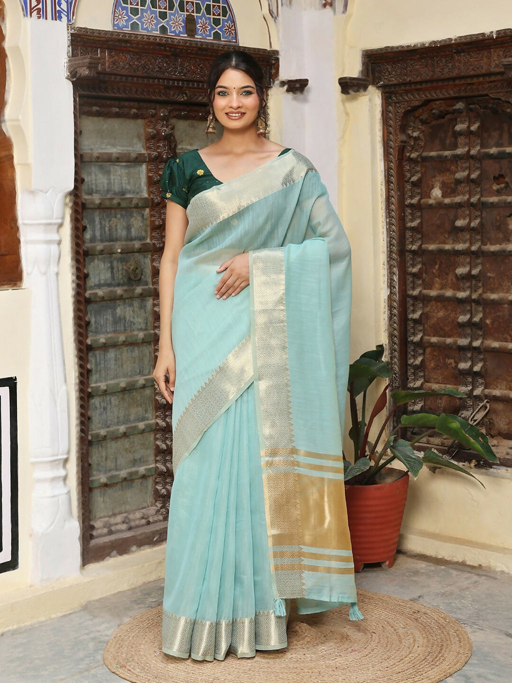 Shree Shyam Fashion Sky Blue Cotton Saree - Distacart
