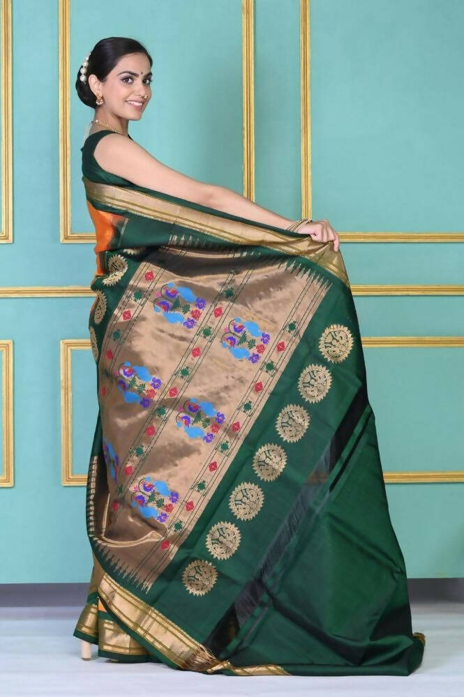 Very Much Indian Authentic Pure Silk Handloom Orange Maharani Paithani - Distacart