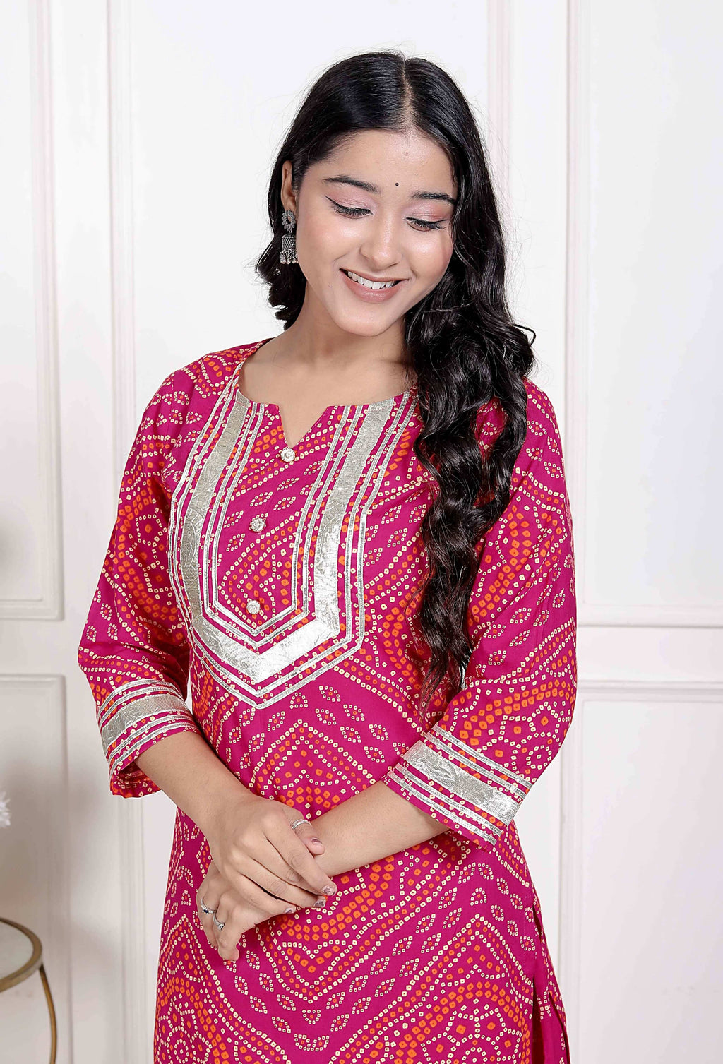 Miravan Women's Pink Bandhani Printed Straight Kurta with Palazzo & Dupatta