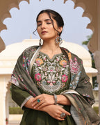 Jyoti Fashion Women's Mehendi Cotton Silk Hand Work with Floral Printed Kurta Set