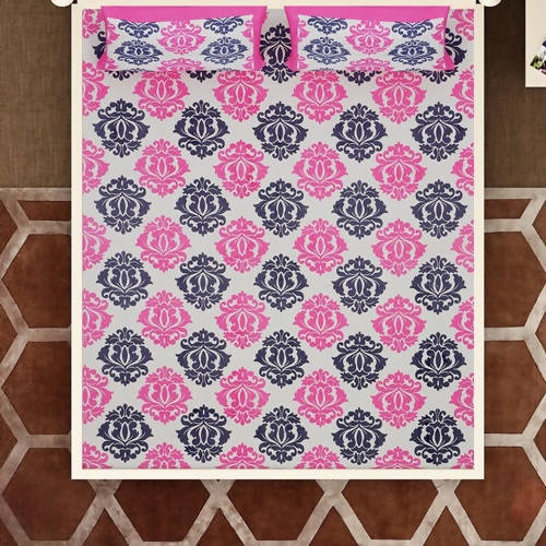 Vamika Printed Cotton White & Pink Flower Design Bedsheet With Pillow Covers (LEOC_PPNKC_P)