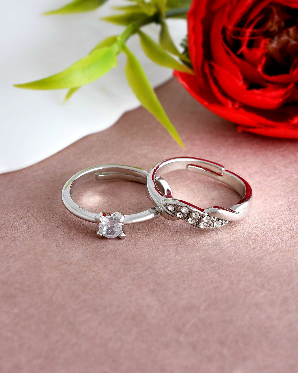 VOJ Stainless Steel Cubic Zirconia Silver Plated Adjustable Ring Set for Couple