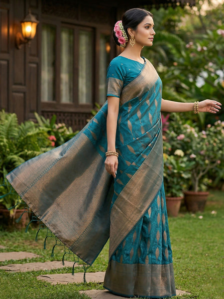 Shree Shyam Fashion Rama Blue Silk Blend Saree