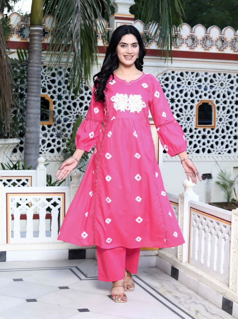 Miravan Women's Jaipuri Moti And Chikan Embroidered & Lace Embellished Pink Bandhani Printed Palazzo Set