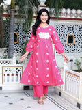 Miravan Women's Jaipuri Moti And Chikan Embroidered & Lace Embellished Pink Bandhani Printed Palazzo Set