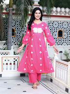 Miravan Women's Jaipuri Moti And Chikan Embroidered & Lace Embellished Pink Bandhani Printed Palazzo Set