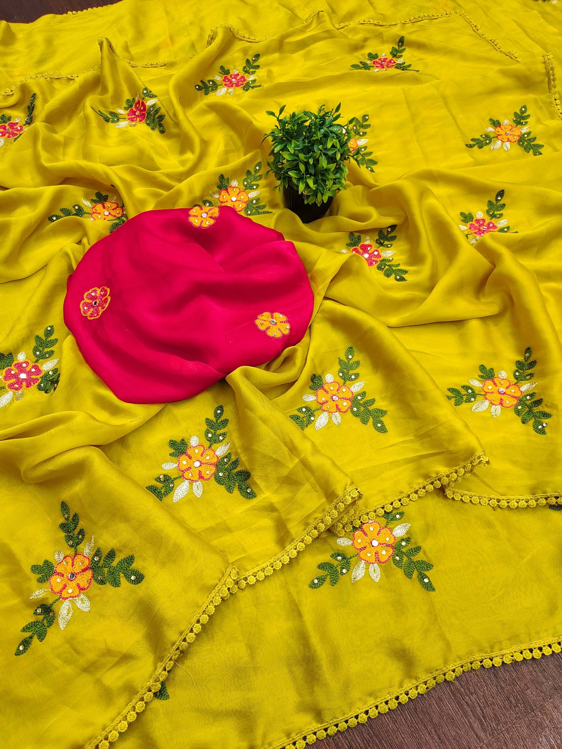 Teeya Creation Yellow Rangoli Silk Embroidery Work Party Wear Designer Saree - Distacart