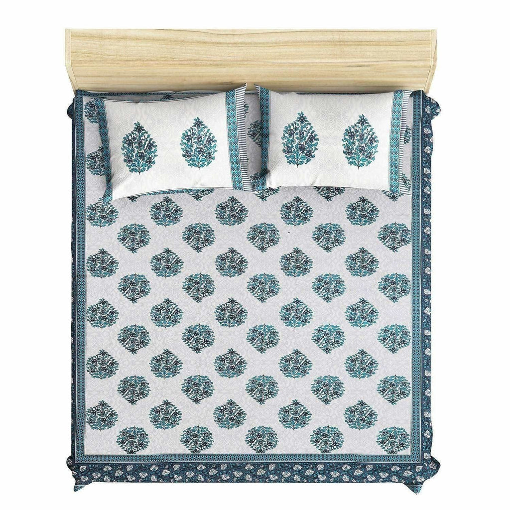 Queen Size 230x270 Cms Jaipuri Hand Block Printed Traditional 144TC Cotton Bedsheet with 2 Pillow Covers