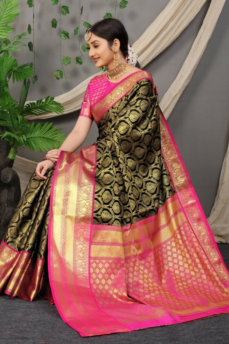 Jyoti Fashion Women's Black Kanjivaram Silk Zari Woven Saree with Blouse
