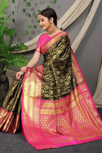 Jyoti Fashion Women's Black Kanjivaram Silk Zari Woven Saree with Blouse