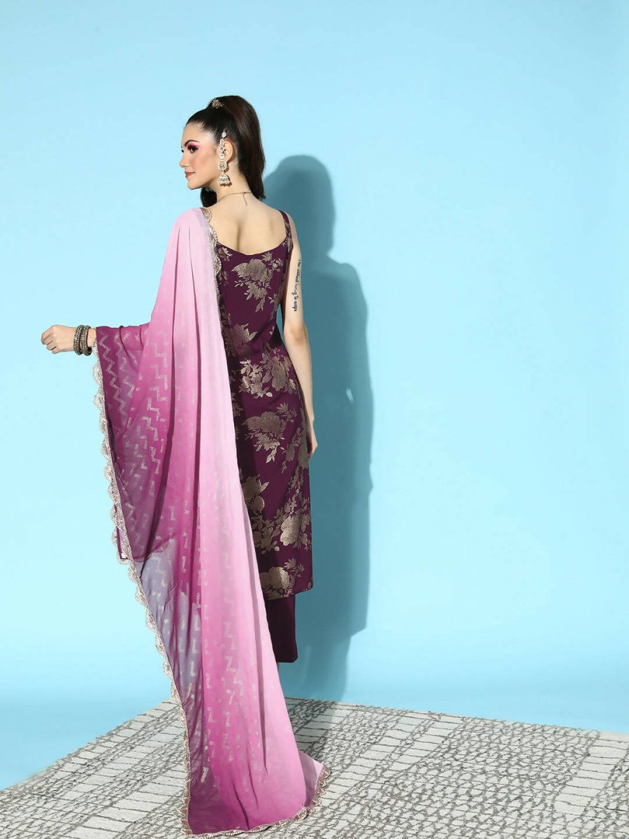 Ahalyaa Women's Wine Crepe Gold Smoke Printed Kurta Pant Set With Dupatta - Distacart