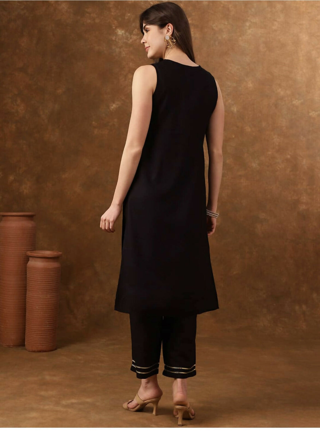 Cheera Women Stylish Hand Block Printed Cotton Blend Flared Kurta - Black