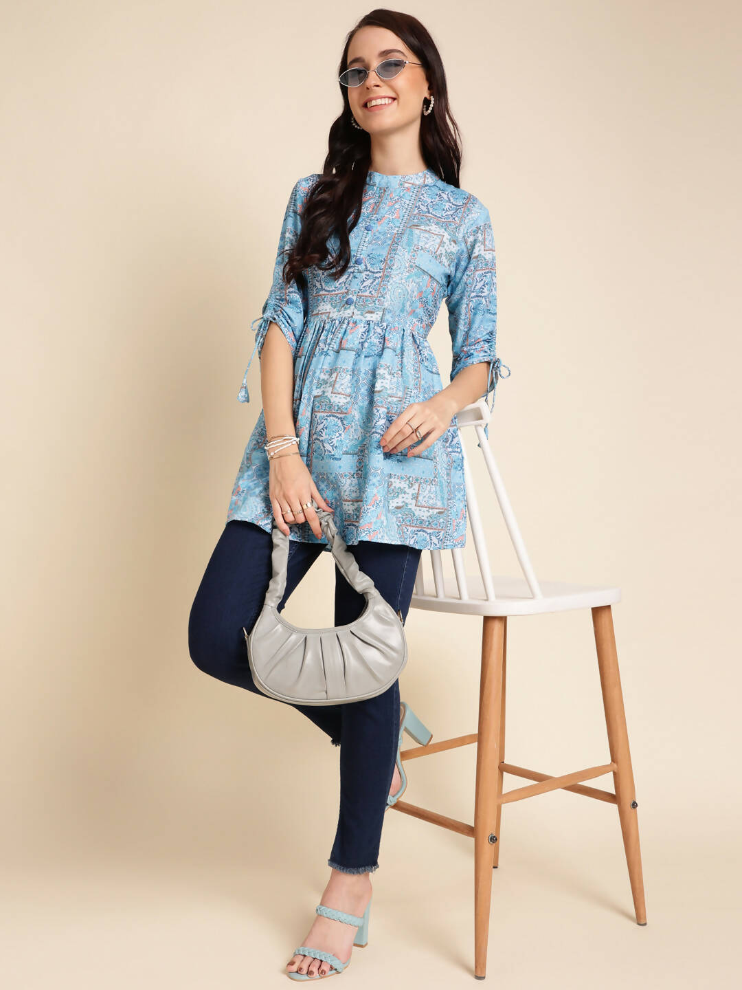 Light Blue Poly Rayon Digital Printed A-line Top - Tarini