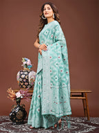 Shree Shyam Fashion Pankhuri Sea Green Linen Cotton Saree