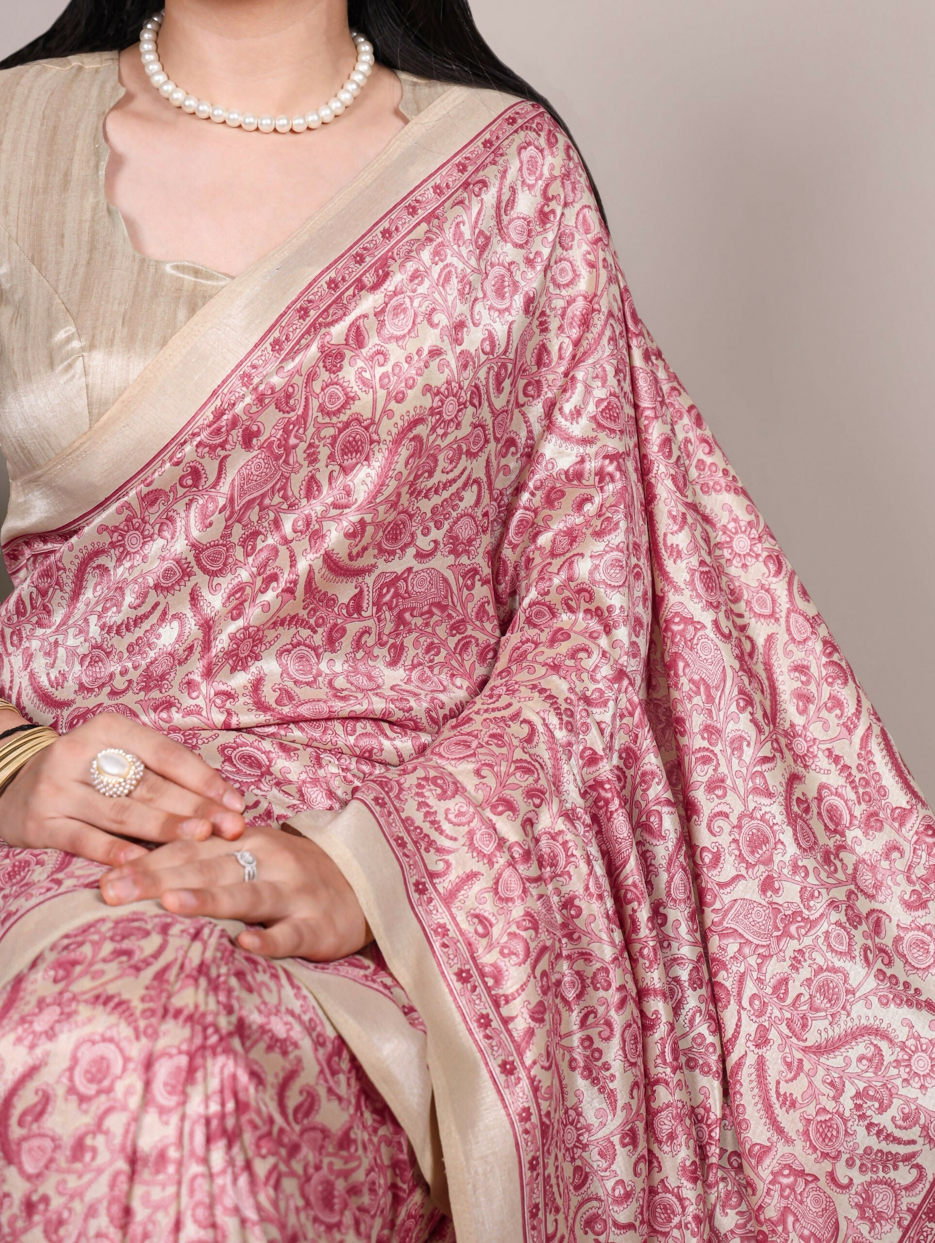 Vastranavya Salmon Tussar Silk Printed Saree with Unstitched Blouse - Distacart