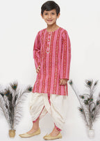 Little Bansi Boys Cotton Striped Kurta with Pearl Buttons & Dhoti -Pink & Cream