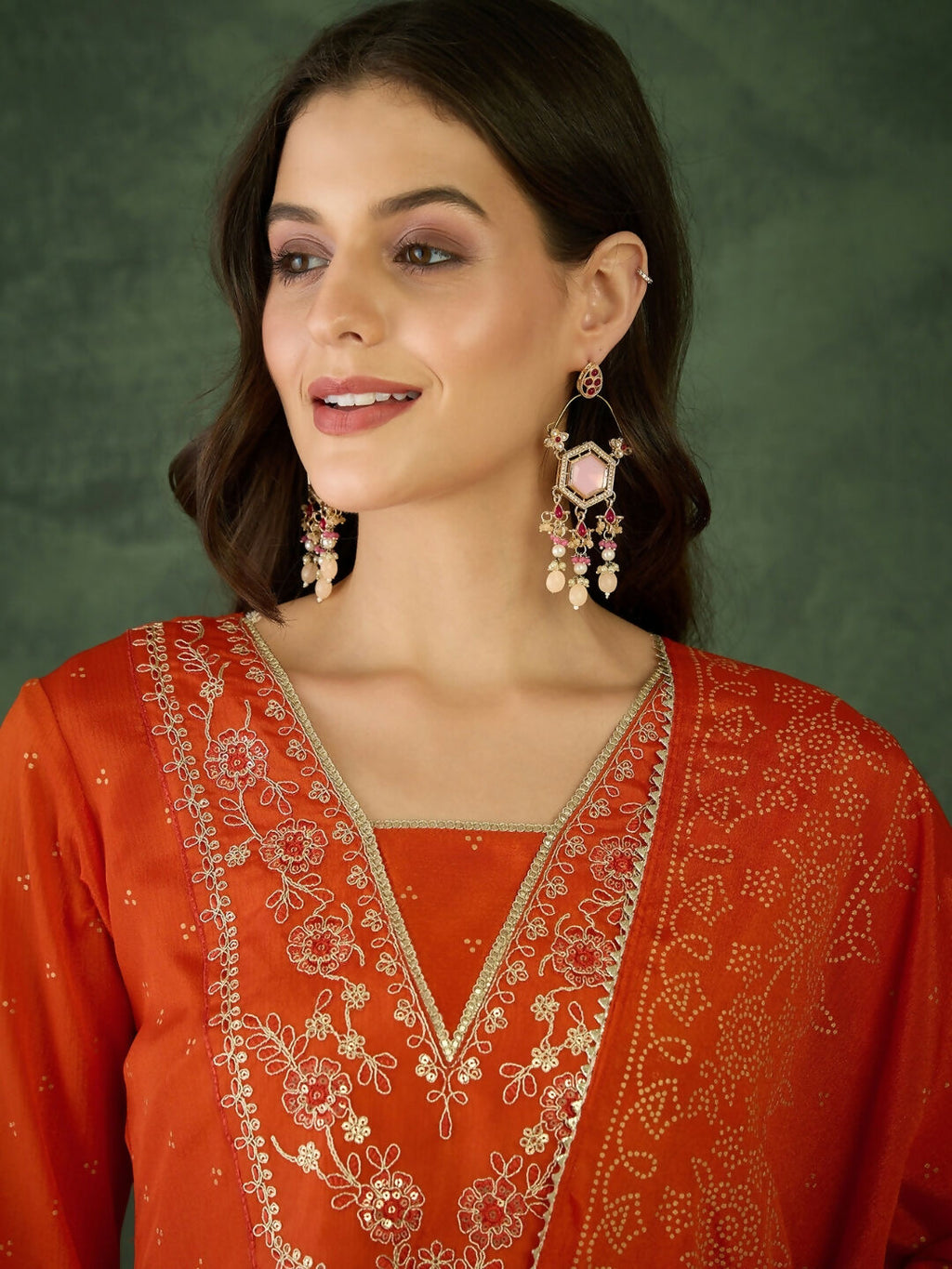 The52 Orange Women's Gorgeous Embroidered Chinon Fabric Flared Kurta Pant and Dupatta Set - Distacart