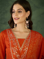 The52 Orange Women's Gorgeous Embroidered Chinon Fabric Flared Kurta Pant and Dupatta Set - Distacart