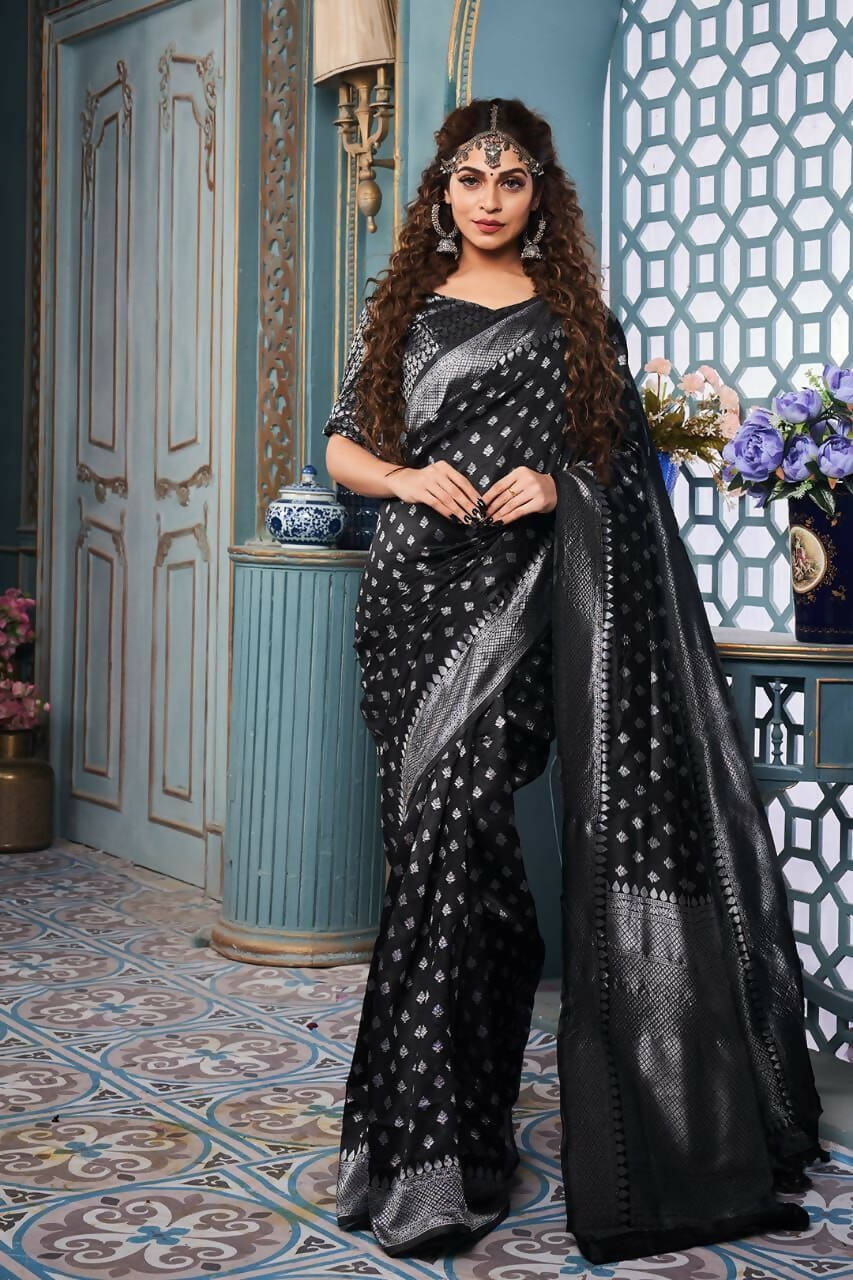 DEIANA'S Beautiful Designer Golden zari Soft Lichi Silk Saree - Black