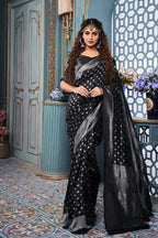 DEIANA'S Beautiful Designer Golden zari Soft Lichi Silk Saree - Black