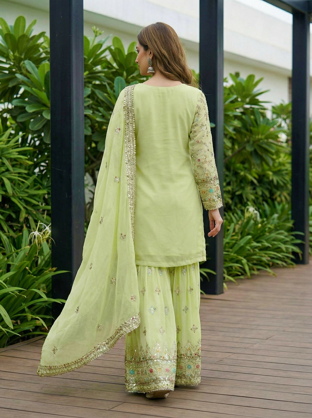 Teeya Creation Pista Faux Georgette Multi Thread Work Wedding Wear Sharara Set - Distacart