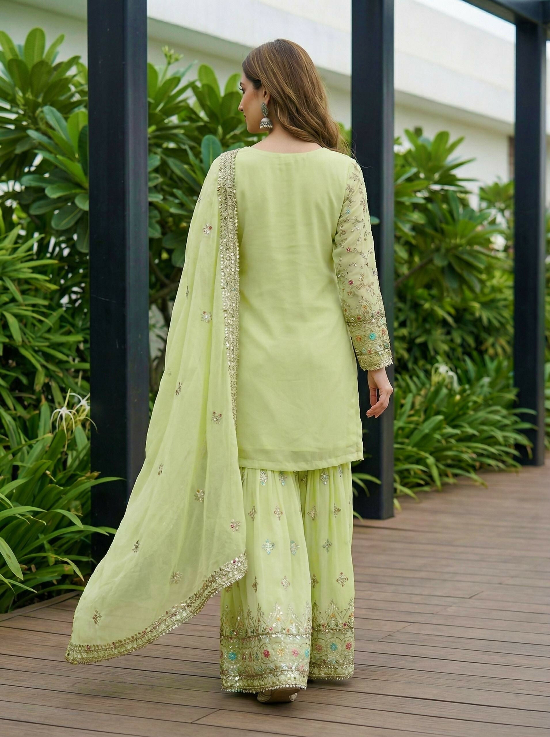 Teeya Creation Pista Faux Georgette Multi Thread Work Wedding Wear Sharara Set - Distacart