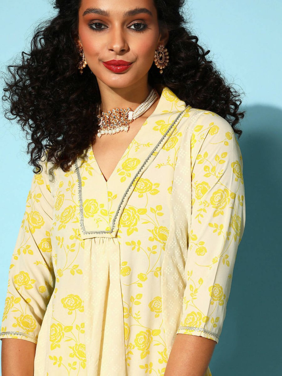 Ahalyaa Women Yellow Colour Crepe Printed Kurta Pant Set - Distacart