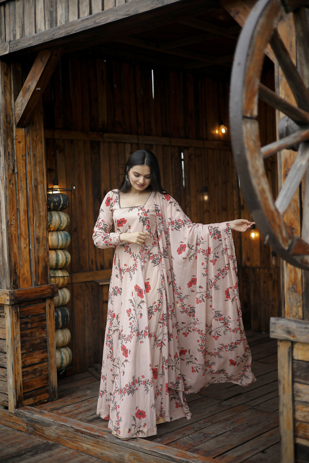 Aayaa Designer Printed Georgette Full Flare Gown With Dupatta - Multi Color - Distacart