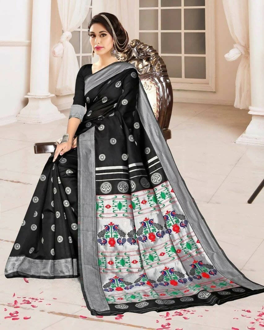 DEIANA'S Beautiful Designer Golden zari Soft Lichi Silk Saree - Black