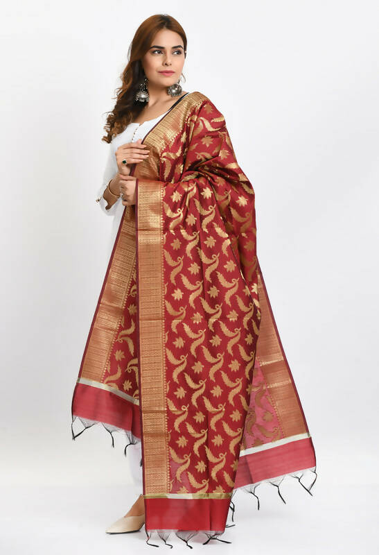 Mominos Fashion Moeza Women's Banarsi Silk Floral Woven Design Maroon Dupatta - Distacart