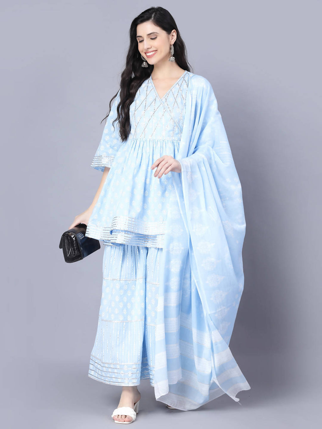 Myshka Cotton Printed 3/4 Sleeve V Neck Turquoise Blue Women Sharara Set - Distacart