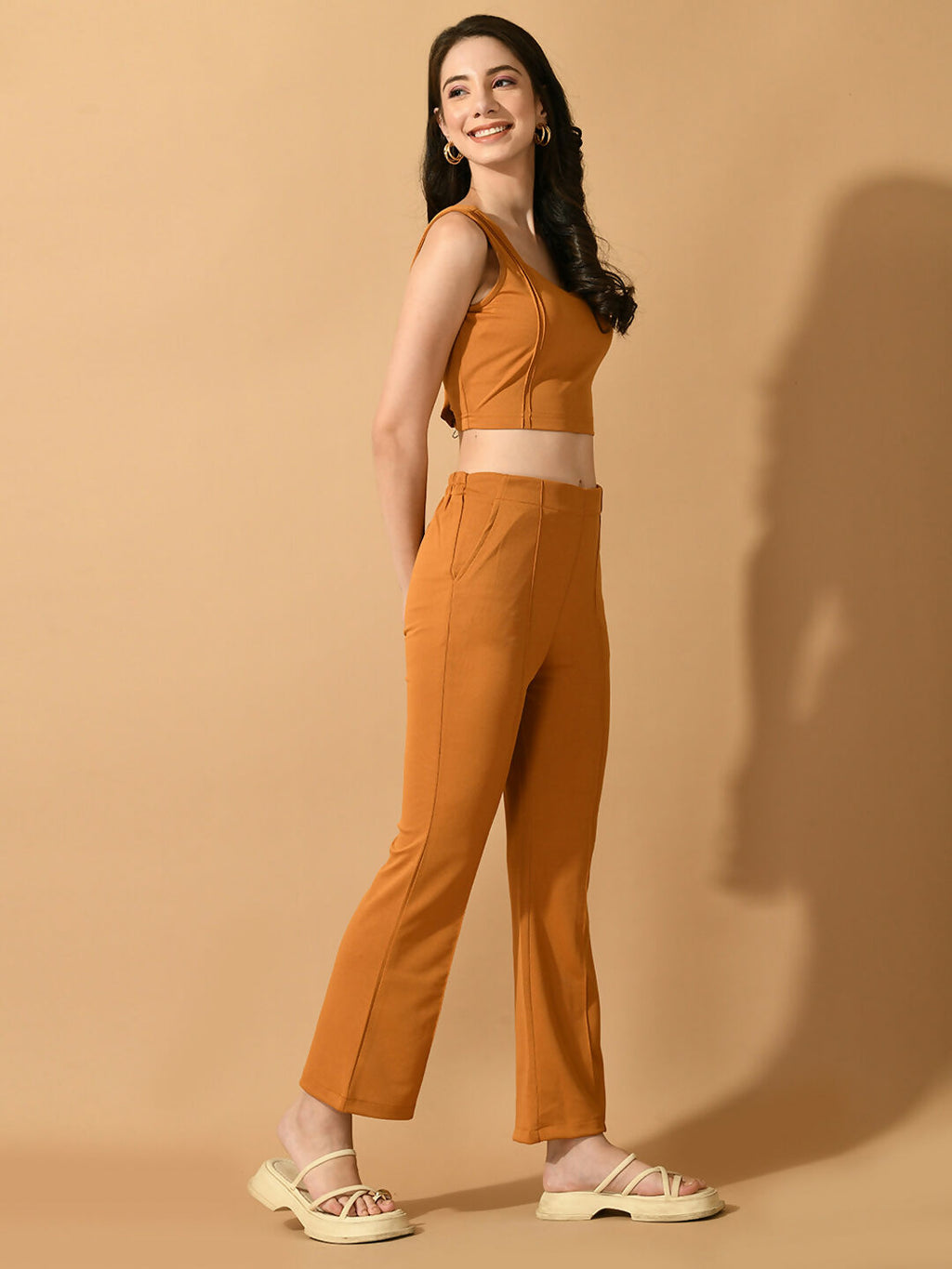 Myshka Women's Mustard Solid Top With Trousers