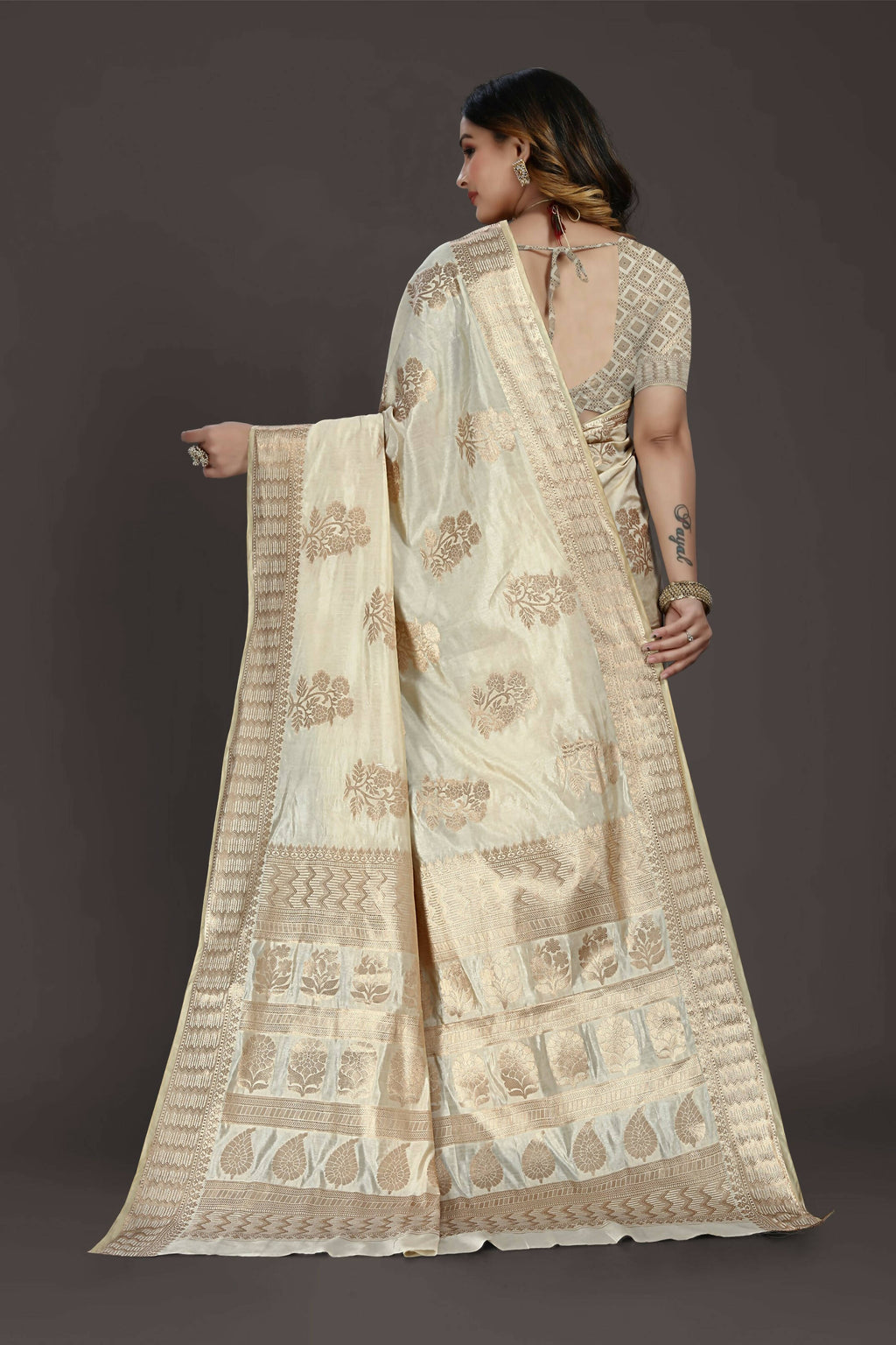 Off White Pure Raw Silk Zari Woven Saree with Unstitched Blouse Piece - Alisha