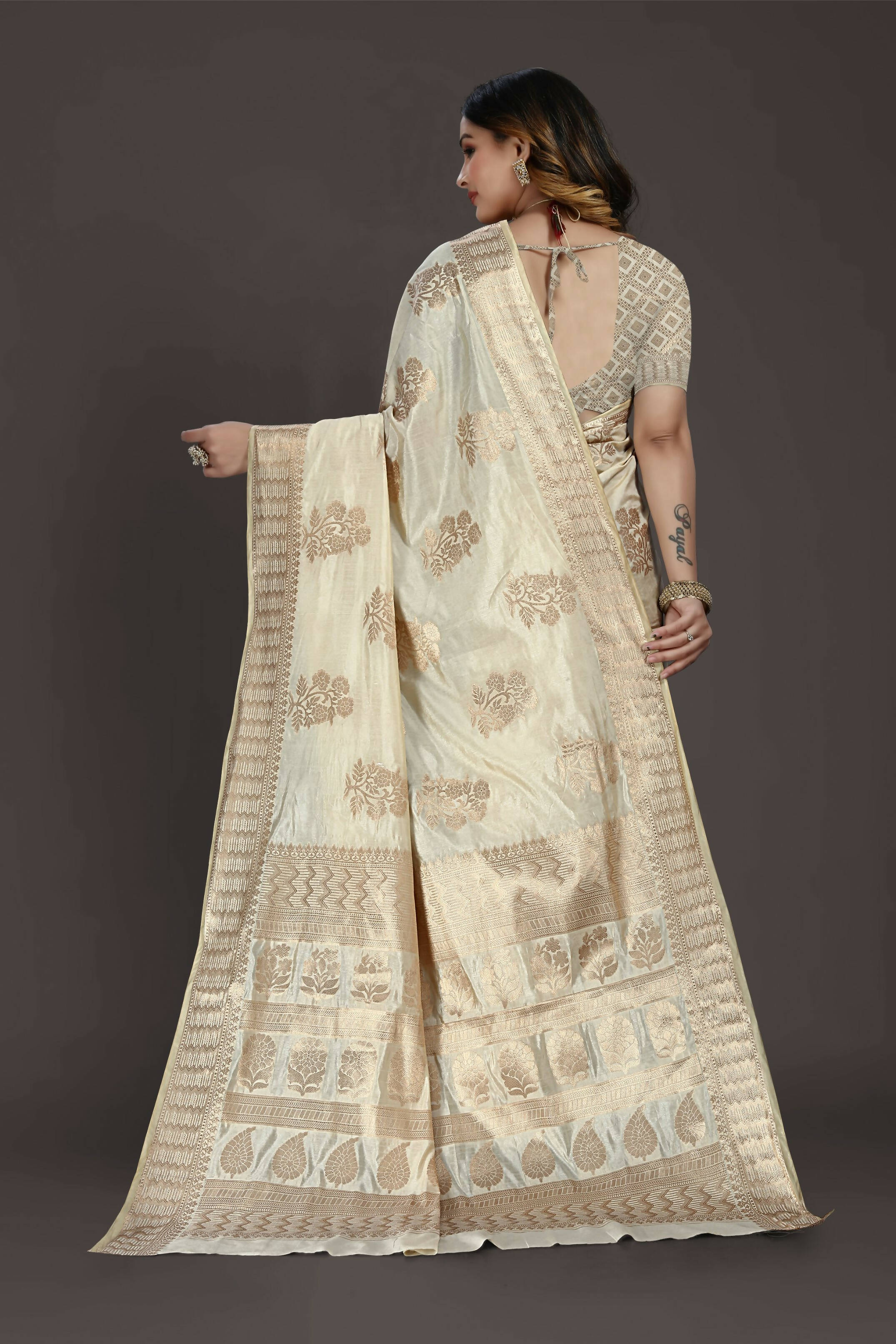 Off White Pure Raw Silk Zari Woven Saree with Unstitched Blouse Piece - Alisha